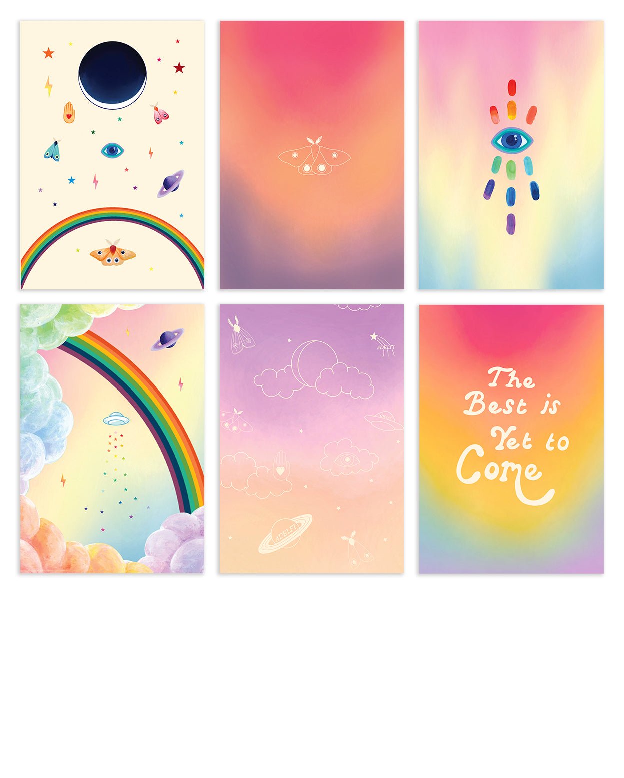 Neon icons postcard pack with variations of design. Cream colored card with an eclipse and varying neon icons. A pink, orange, and purple gradient sky with a hollow white moth on top. A pink, yellow, and blue gradient sky with a blue evil eye on top and rainbow-colored streaks. Rainbow clouds with a rainbow and varying neon icons on a pink, yellow and blue gradient sky. Hollow neon icons on a purple and orange ombre background. Rainbow gradient with center-aligned bold text &quot;The Best is Yet to Come.&quot;