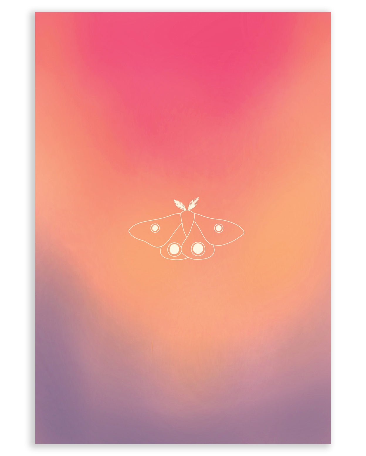 Pink, orange, and purple gradient background with a hollow white moth printed on cardstock against a white background.
