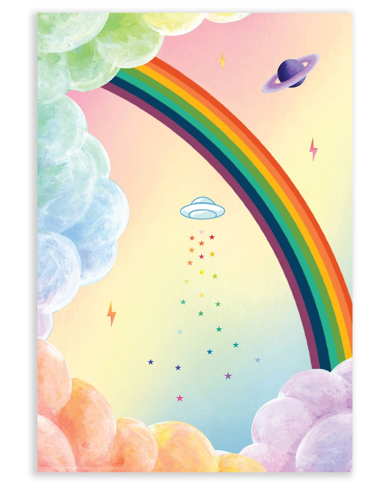 Rainbow clouds surrounding a rainbow centerpiece, Saturn, lightning, a UFO with rainbow stars coming out from below it with pink, yellow and blue gradient printed on cardstock against a white background.
