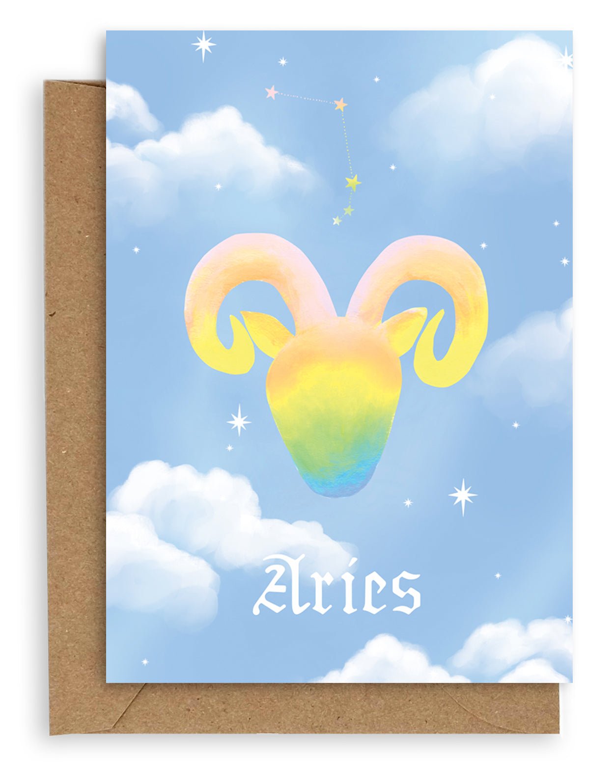 Aries  Horoscope card with a kraft envelope. The horoscope symbol is painted in rainbow pastel on a blue background with white clouds. 
