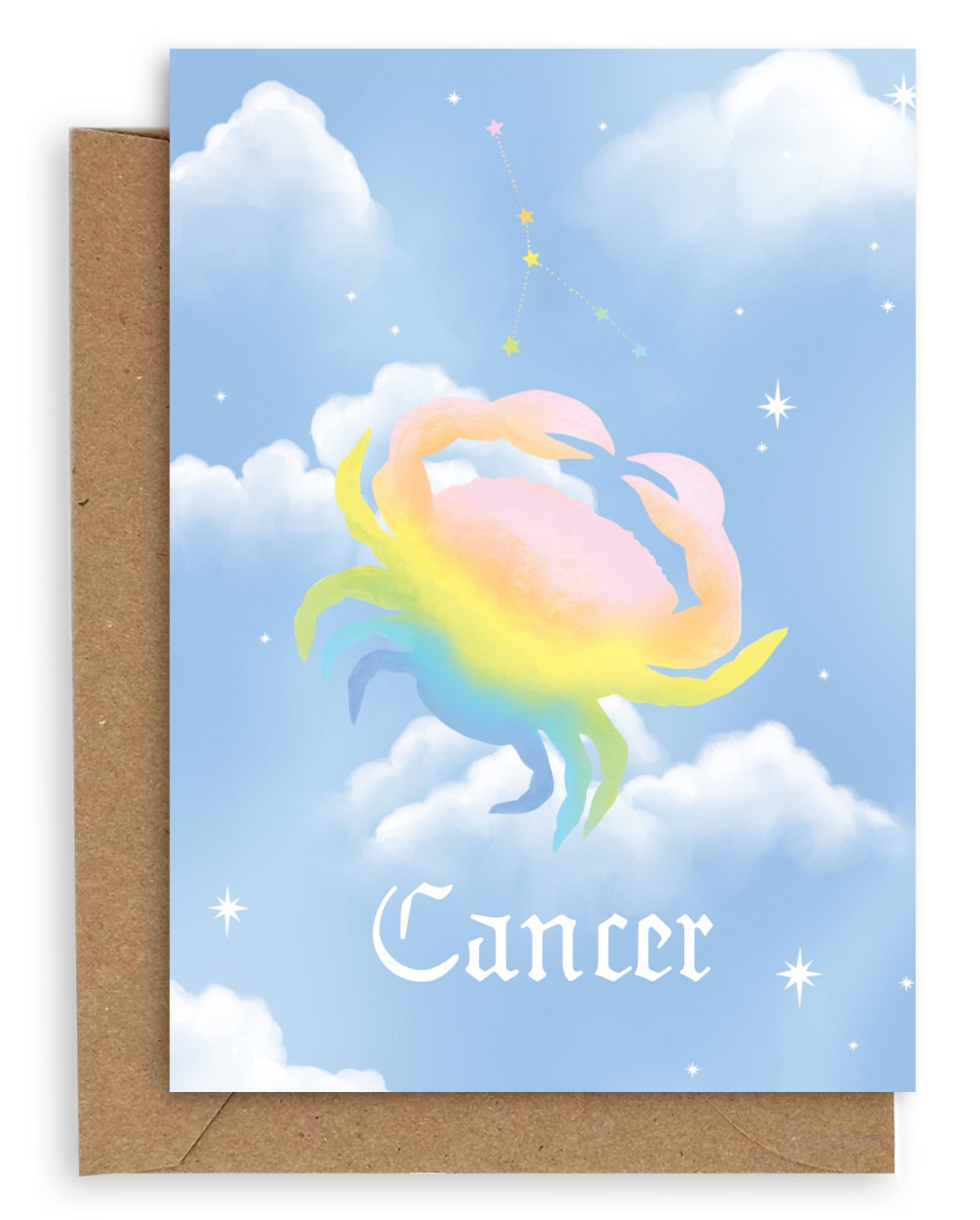 Cancer  Horoscope card with a kraft envelope. The horoscope symbol is painted in rainbow pastel on a blue background with white clouds. 
