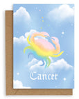 Cancer  Horoscope card with a kraft envelope. The horoscope symbol is painted in rainbow pastel on a blue background with white clouds. 