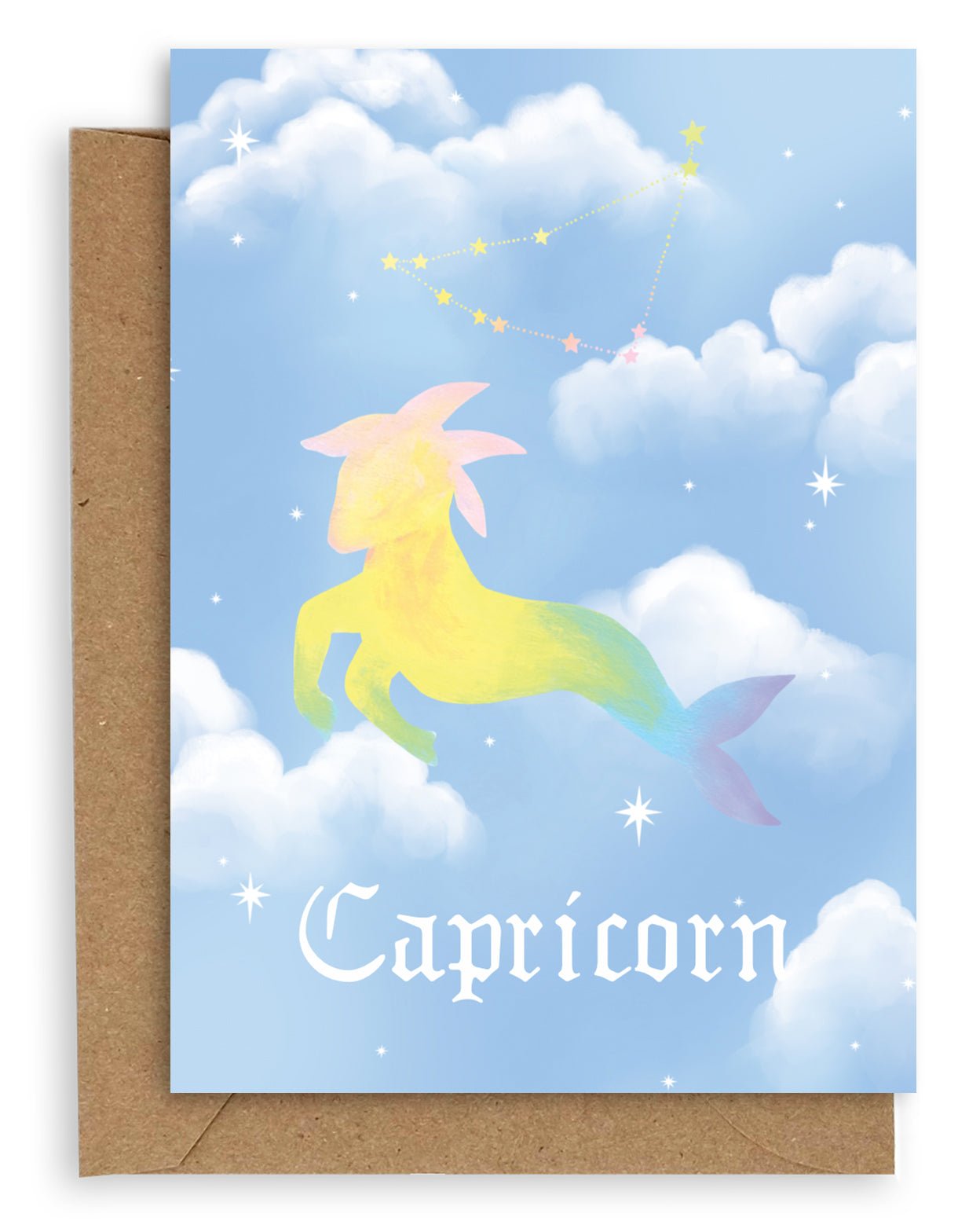 Capricorn  Horoscope card with a kraft envelope. The horoscope symbol is painted in rainbow pastel on a blue background with white clouds.
