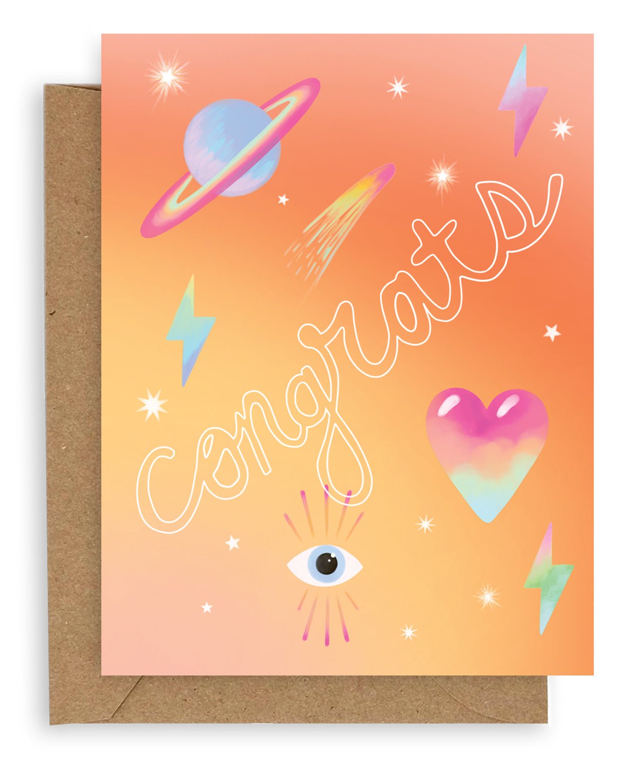 Greeting card with the word "Congrats" across the front in white hollow font with neon icons against an ombre orange background. Shown with brown kraft paper envelope.