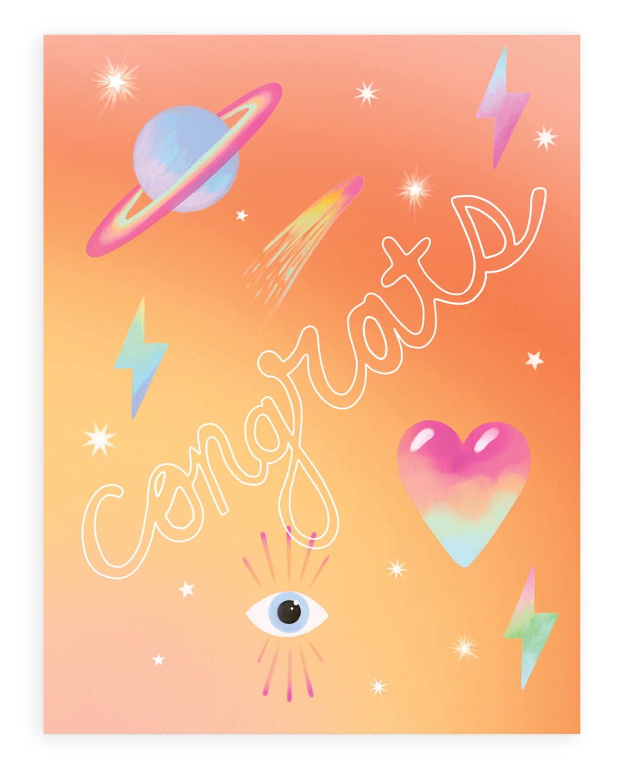 Greeting card with the word "Congrats" across the front in white hollow font with neon icons against an ombre orange background. Shown on a white background.