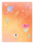 Greeting card with the word "Congrats" across the front in white hollow font with neon icons against an ombre orange background. Shown on a white background.