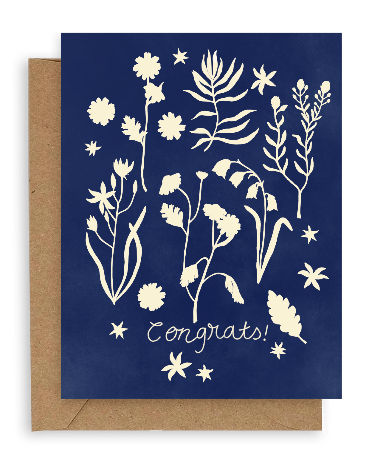 White-out forest flowers arranged around the word "congrats!" printed on a navy blue background. Shown with kraft envelope.