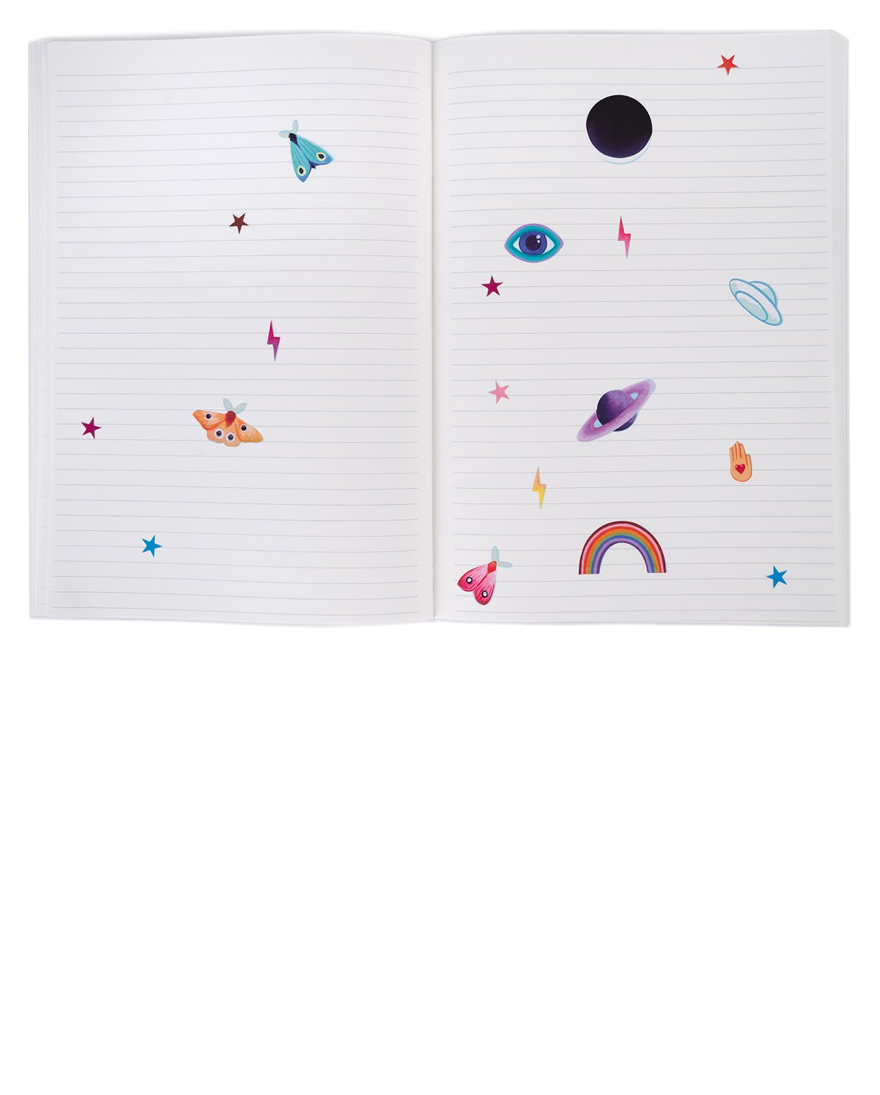 Lined paper with neon icons stickers.