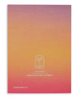 Back of a greeting card with purple, orange and red gradient colors and the Adelfi logo on the center back.