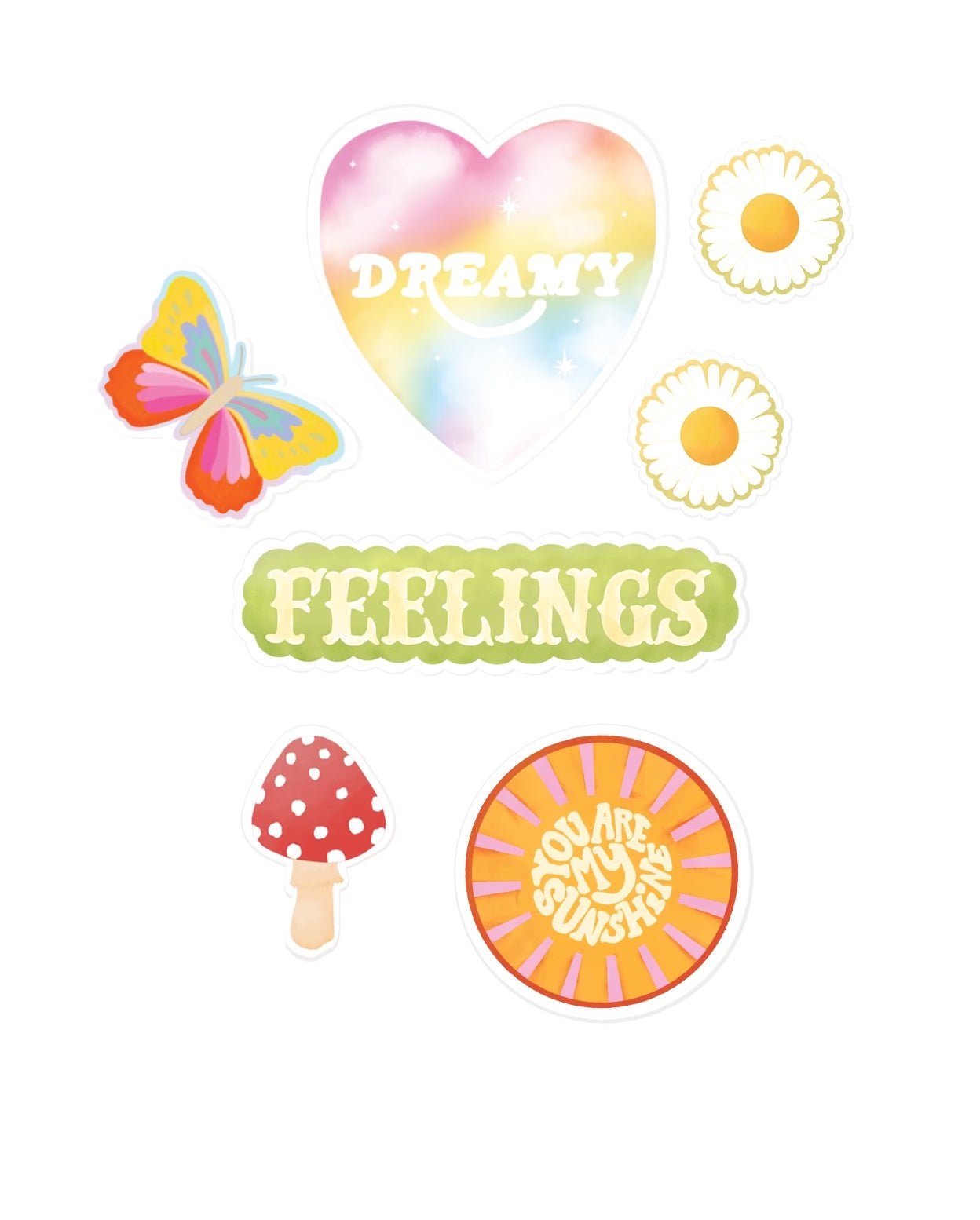 6 new Adelfi stickers: colorful butterfly, the word 'Feelings' in all caps, two daisies, the words 'you are my sunshine' in a sun, red mushroom, and the word 'Dreamy' in a heart