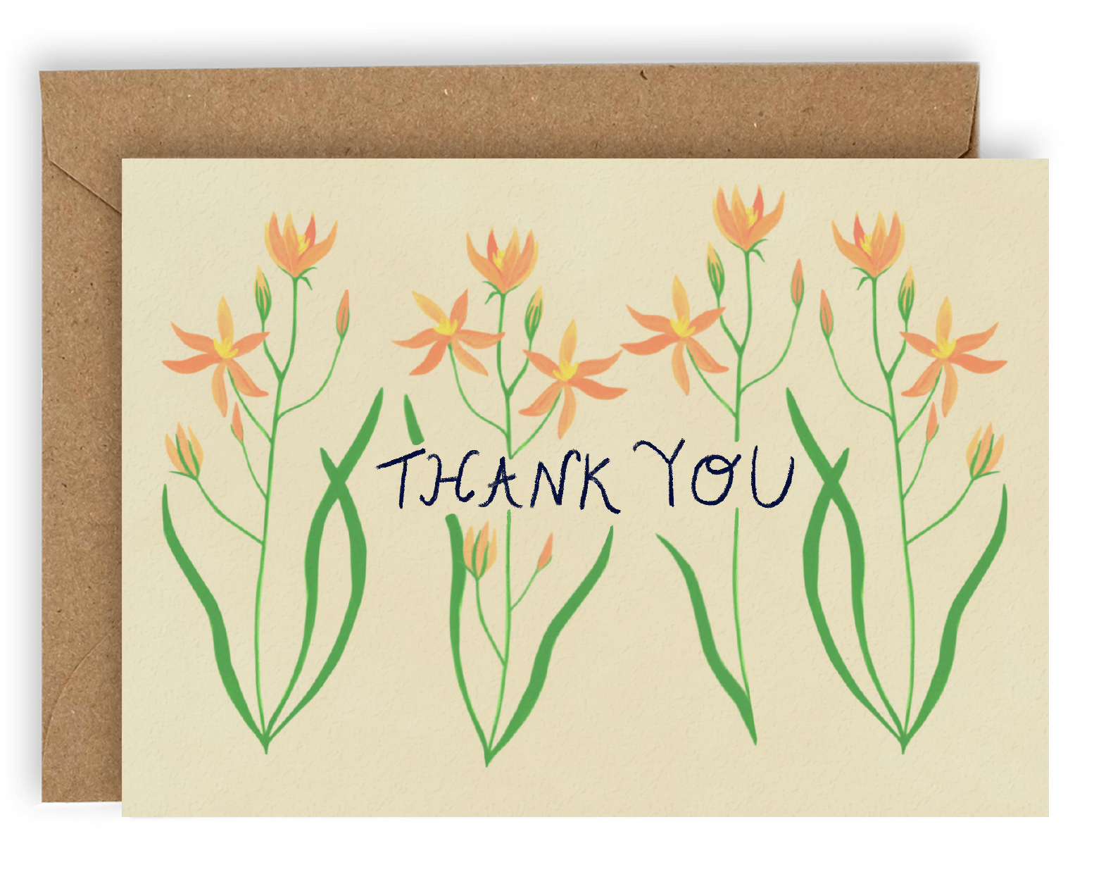 Four stems of orange forest flowers reaching upward cover the card nearly top to bottom horizontally, with the words "Thank You" going through the center of them in black ink. This design is printed on a cream colored background. Shown with Kraft envelope.