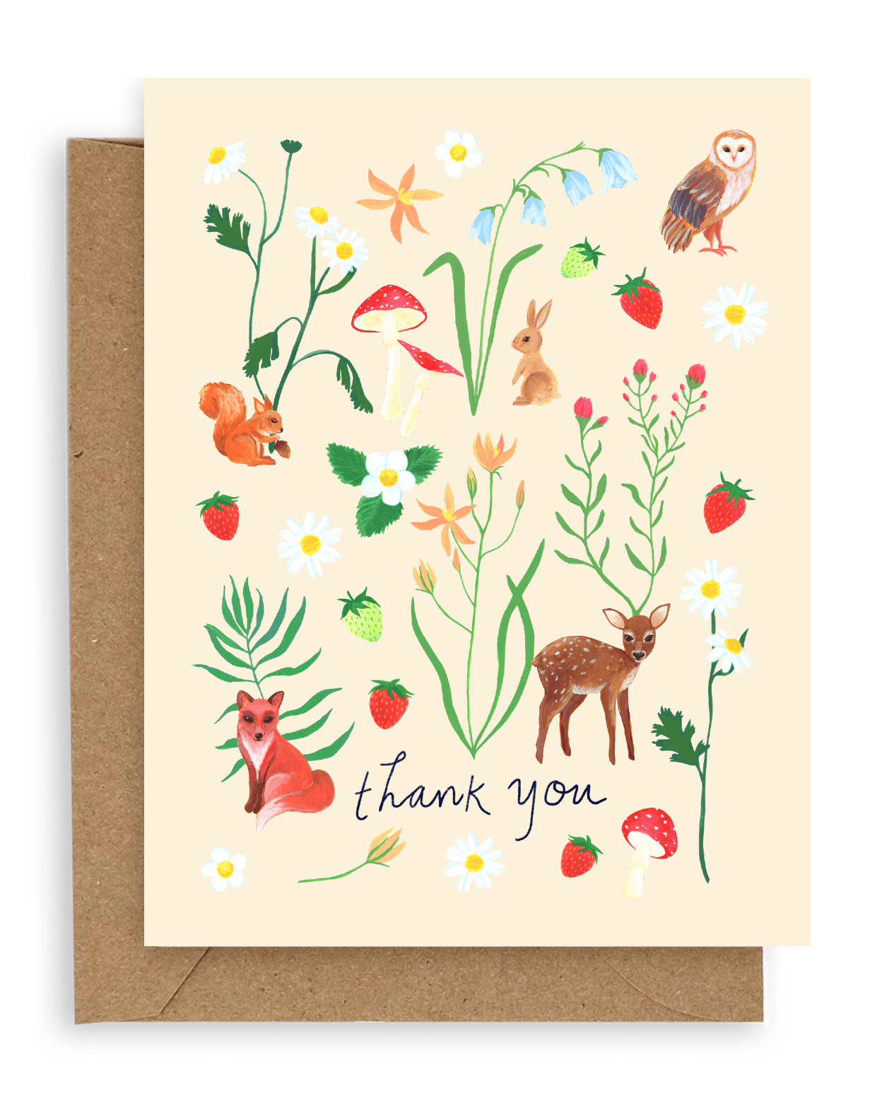 Our exciting new Holiday gift wrap features a stunning array of forest animals and flora. There are Owls, Deer, Rabbits, Squirrels, Foxes, Mushrooms, berries and various kinds of flora with orange, white, red, blue, and yellow blooms above the words "thank you" printed on a cream background. Shown with kraft envelope.