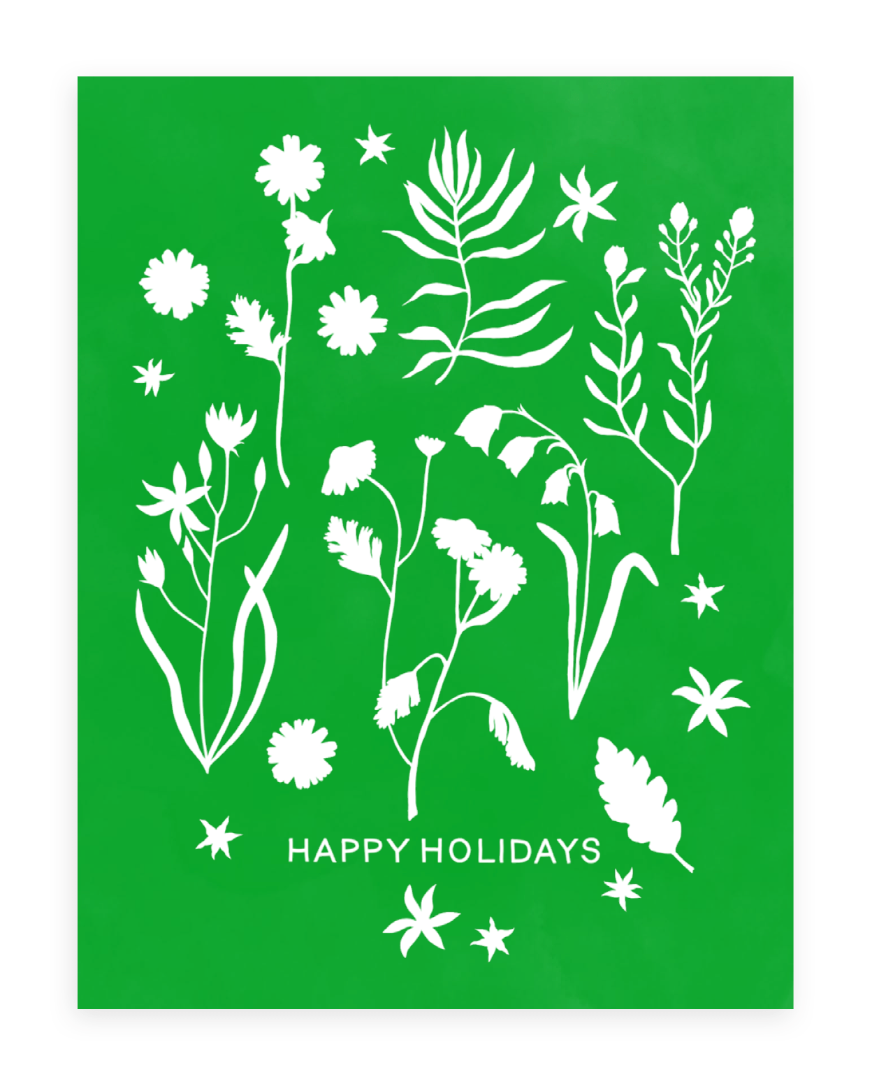 Our new forest flowers design of white outlines of forest flowers on a primary green background with the words "Happy Holidays" in caps lock text at the bottom.