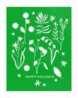 Our new forest flowers design of white outlines of forest flowers on a primary green background with the words "Happy Holidays" in caps lock text at the bottom.