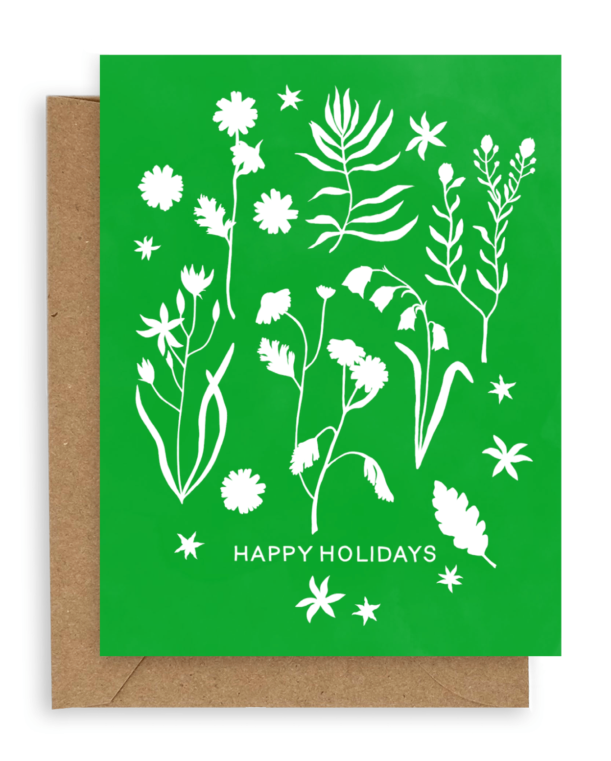 Our new forest flowers design of white outlines of forest flowers on a primary green background with the words "Happy Holidays" in caps lock text at the bottom. Shown with Kraft envelope.