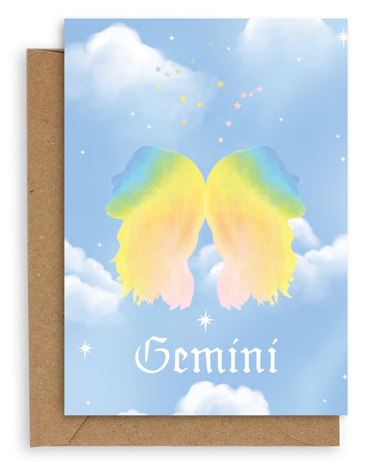 Gemini  Horoscope card with a kraft envelope. The horoscope symbol is painted in rainbow pastel on a blue background with white clouds. 