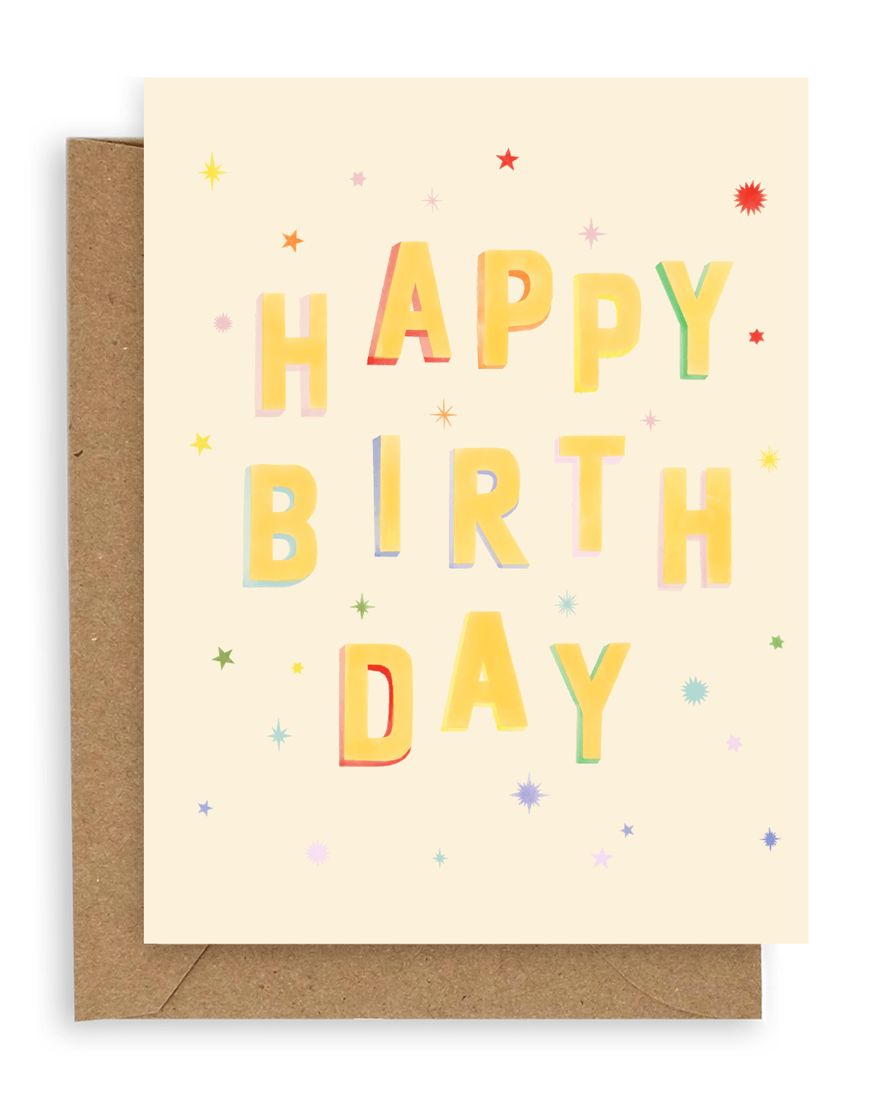 Rainbow colored stars surround the words &quot;happy birthday&quot; in yellow font, printed on a cream background. Shown with kraft envelope.