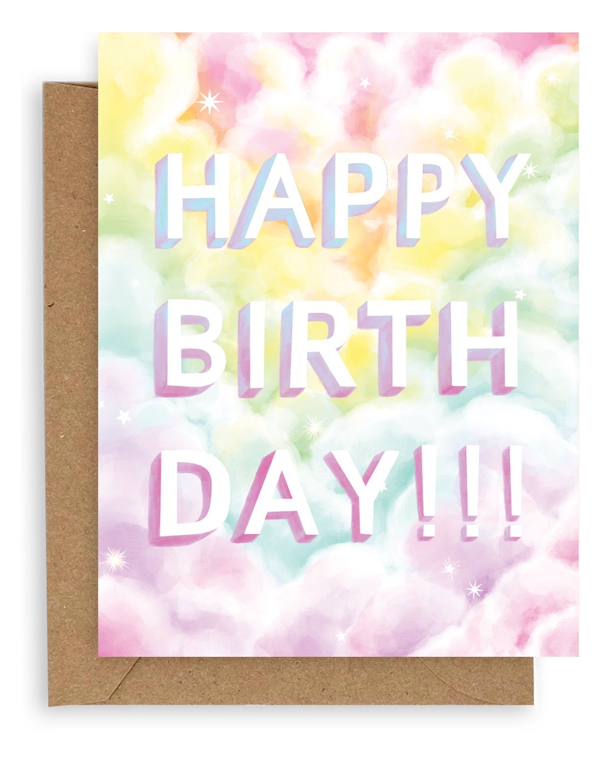 Rainbow clouds with the words &quot;Happy Birthday&quot; printed on cardstock. Shown with kraft envelope.