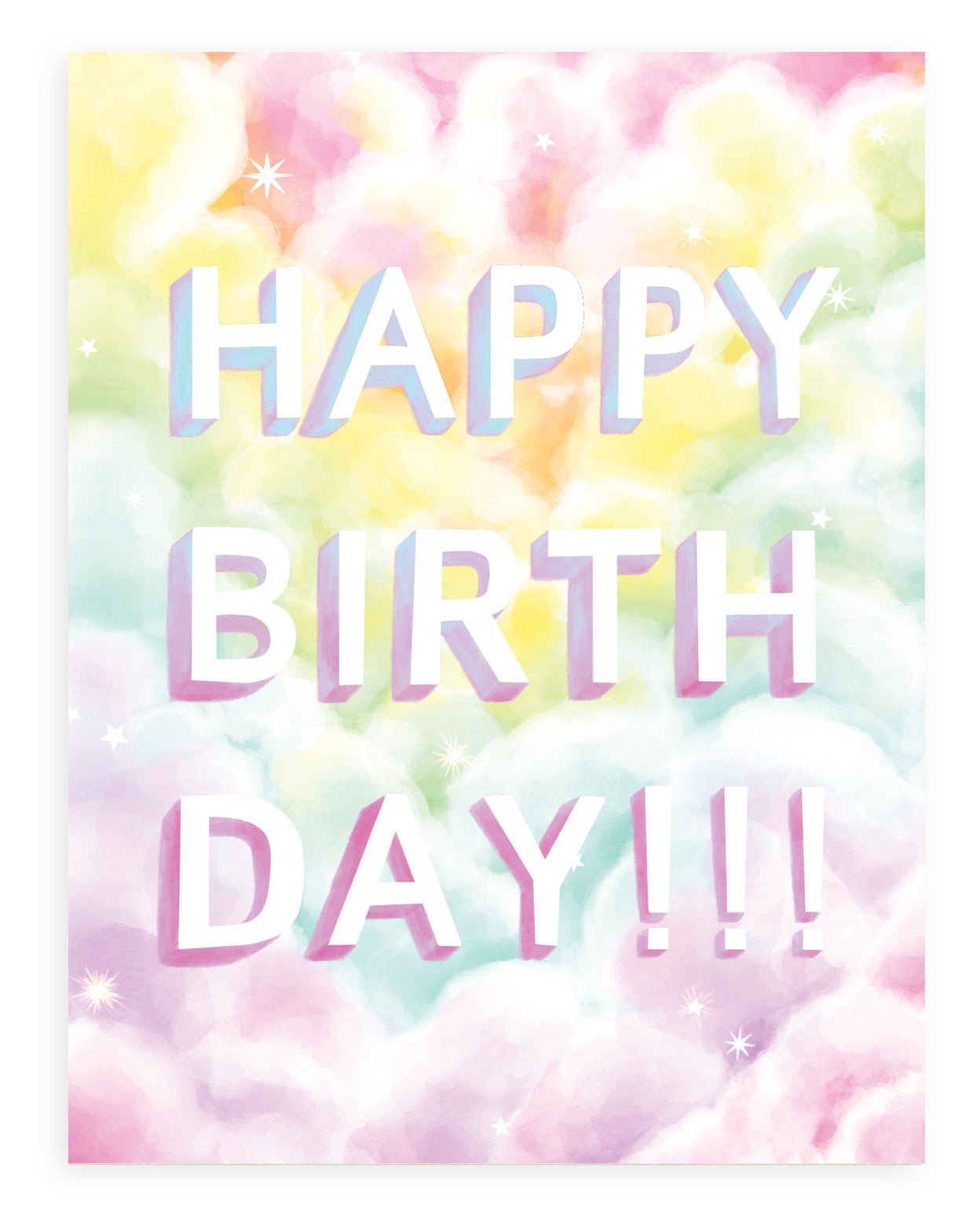 Rainbow clouds with the words &quot;Happy Birthday&quot; printed on cardstock. Shown with white background.