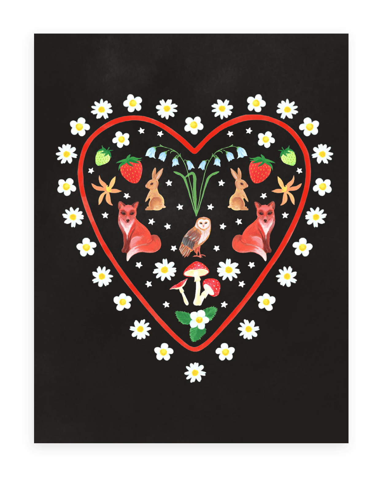A red heart-shaped outline surrounded by white flowers with two foxes facing away from each other, two rabbits facing opposite above them, and an owl in the middle with forest flowers above, red mushrooms and white flowers below, and strawberries/flowers above. Printed on a black background.