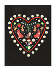 A red heart-shaped outline surrounded by white flowers with two foxes facing away from each other, two rabbits facing opposite above them, and an owl in the middle with forest flowers above, red mushrooms and white flowers below, and strawberries/flowers above. Printed on a black background.
