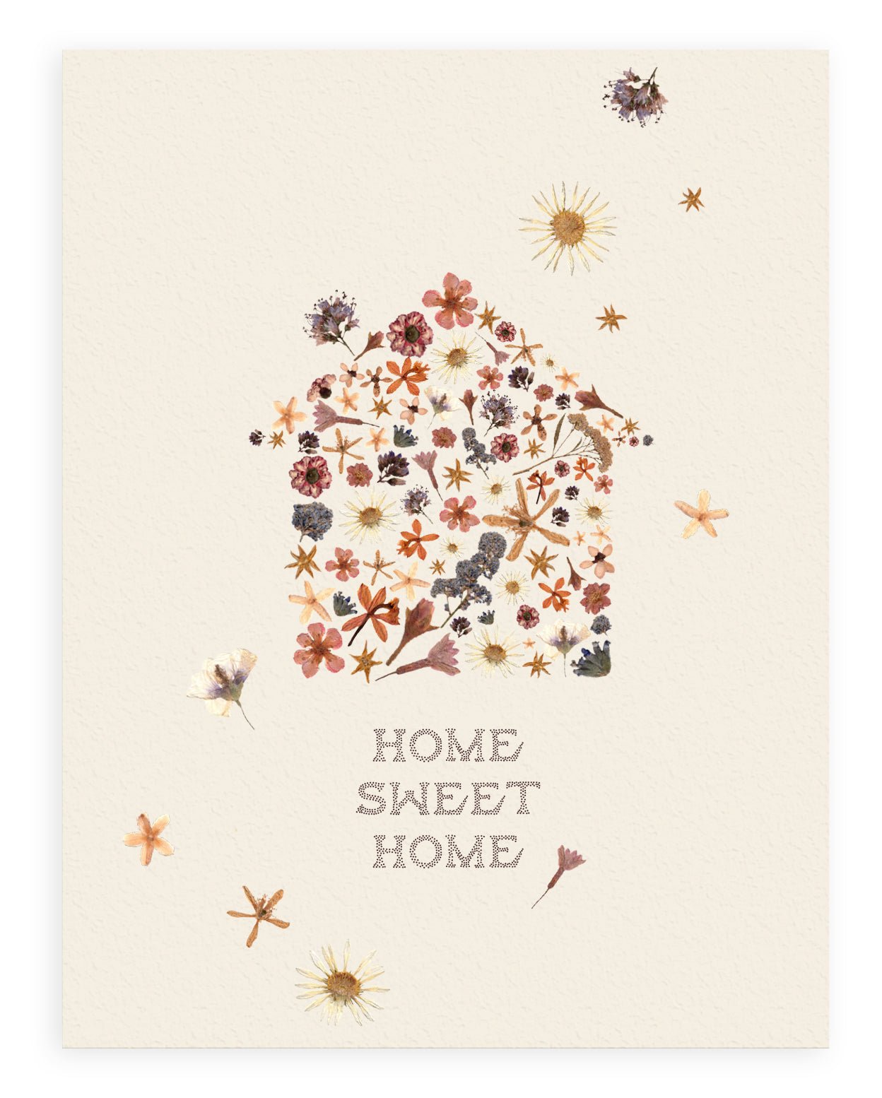 Cream colored background with pressed flowers scattered across dried flora constructed in the shape of a house with the words "Home Sweet Home" printed below. Shown with white background.