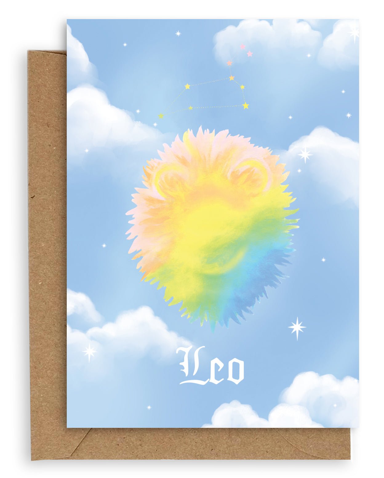 Leo  Horoscope card with a kraft envelope. The horoscope symbol is painted in rainbow pastel on a blue background with white clouds.