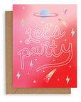 "Let's Party" printed in large cursive on an ombre red background with lightning bolts, still and shooting stars, and a blue Saturn design on a kraft envelope. 