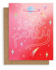 "Let's Party" printed in large cursive on an ombre red background with lightning bolts, still and shooting stars, and a blue Saturn design on a kraft envelope.