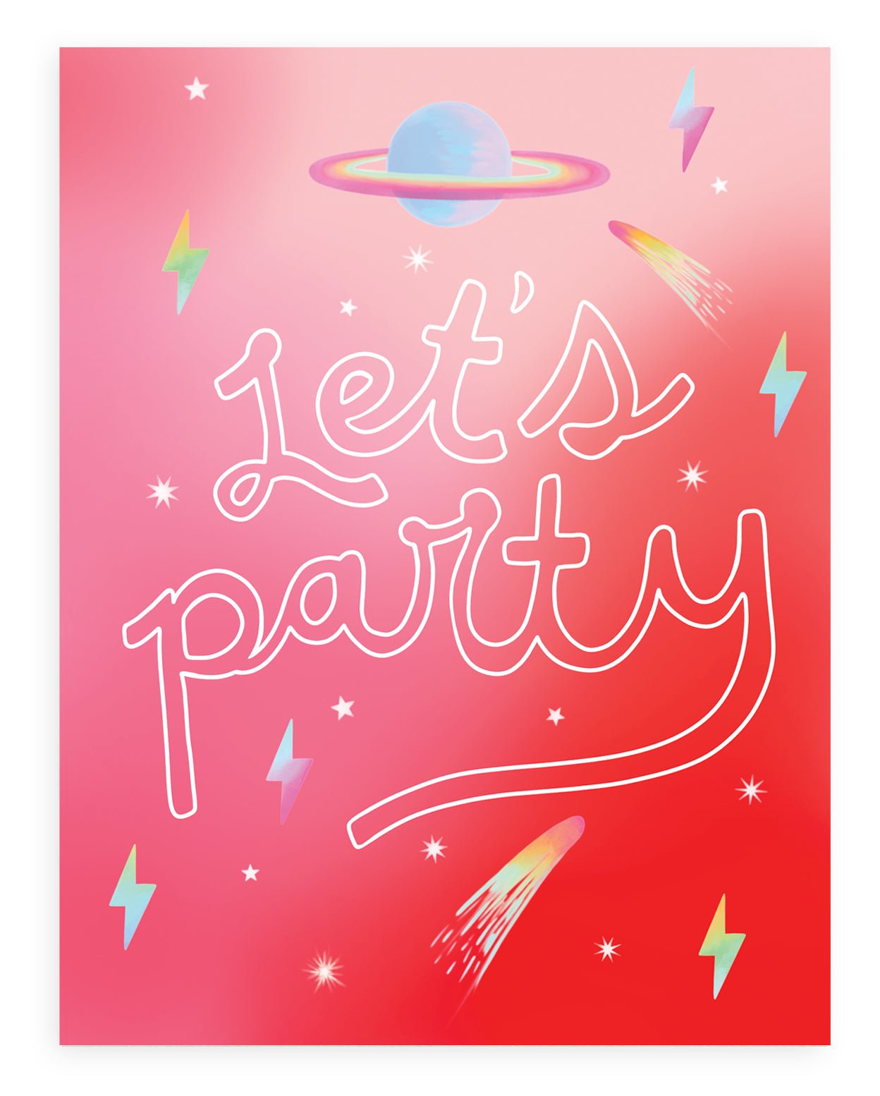 &quot;Let&#39;s Party&quot; printed in large cursive on an ombre red background with lightning bolts, still and shooting stars, and a blue Saturn design on a white background.
