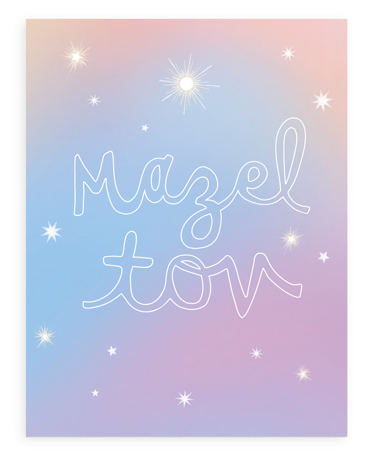 "Mazel Tov" in large, hollow cursive on a gradient blue-lavender background with various kinds of stars printed on cardstock with a white background.
