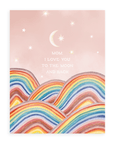 Adelfi card with the words "Mom, I love you to the moon and back" floating in a pink sky with a crescent moon and stars above rainbow hills against a white background.