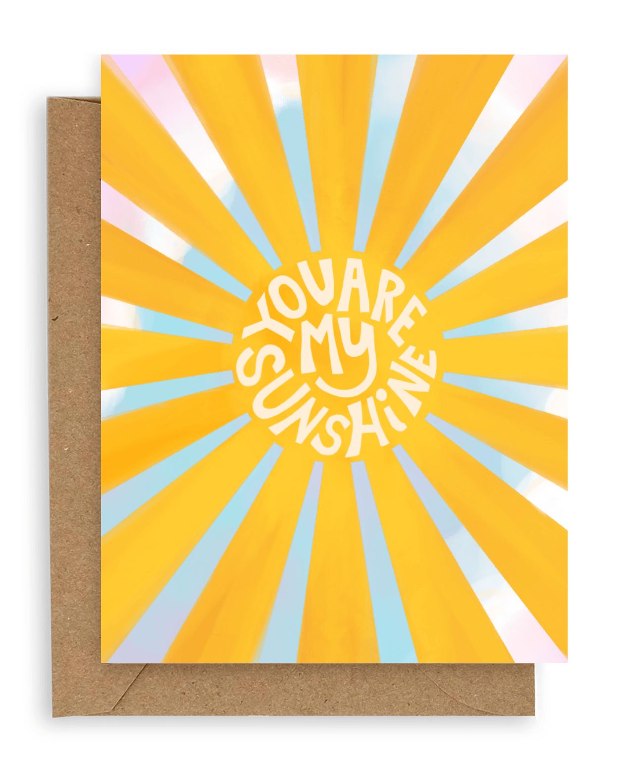A sun with the words &quot;you are my sunshine&quot; in the center, printed on a blue sky background with pink clouds. Shown with kraft envelope.