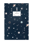 Adelfi notebook with a navy blue cover with mystical outer space icons.