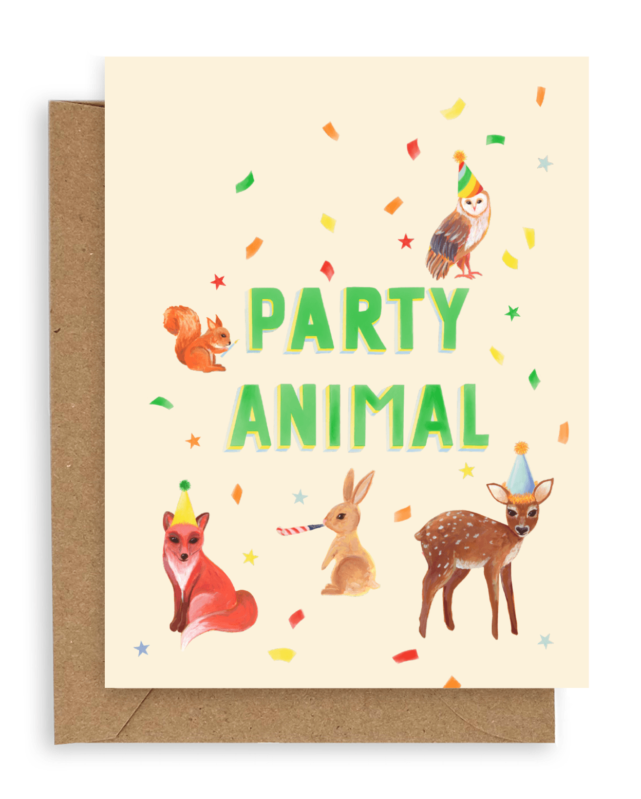 Forest creatures design with confetti, an owl, fox, fawn, rabbit, and squirrel in party hats surrounding the words &quot;party animal&quot; in green printed on a cream colored background. Shown with kraft envelope.