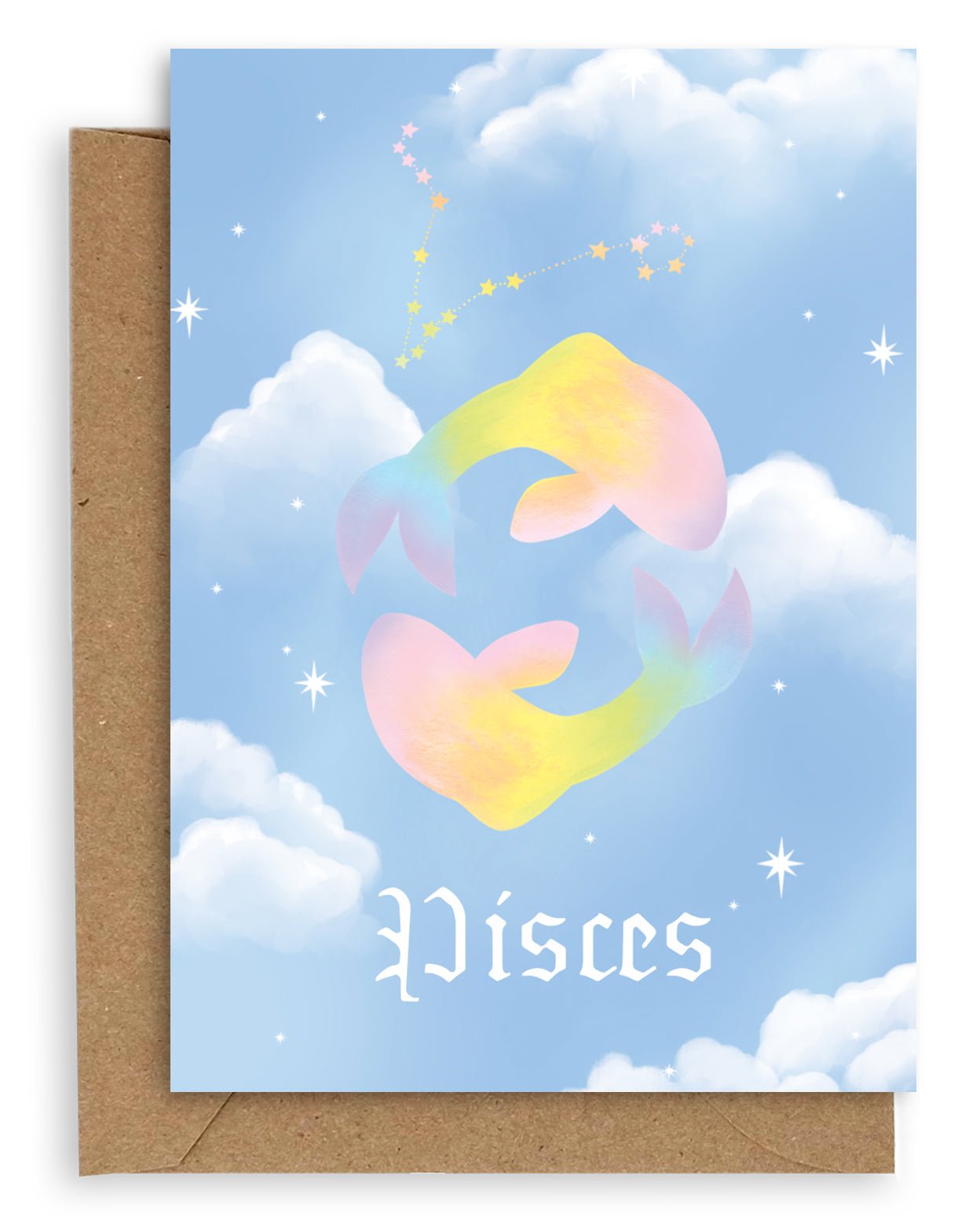 Pisces  Horoscope card with a kraft envelope. The horoscope symbol is painted in rainbow pastel on a blue background with white clouds.