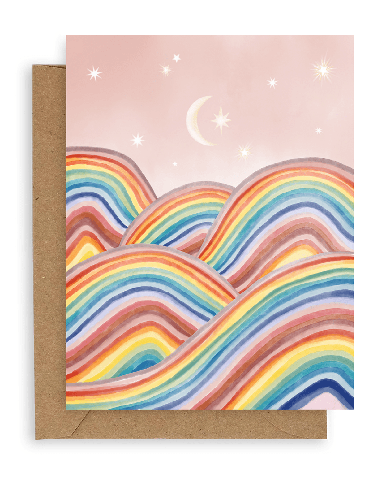 Landscape card with pink sky, moon, stars and rainbow mountains. Shown with kraft envelope.