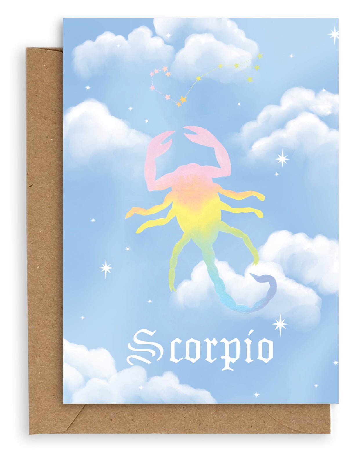 Scorpio  Horoscope card with a kraft envelope. The horoscope symbol is painted in rainbow pastel on a blue background with white clouds. 