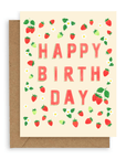 Red and green strawberries and white flowers surround the words "happy birthday" printed in red on a cream background. Shown with kraft envelope.