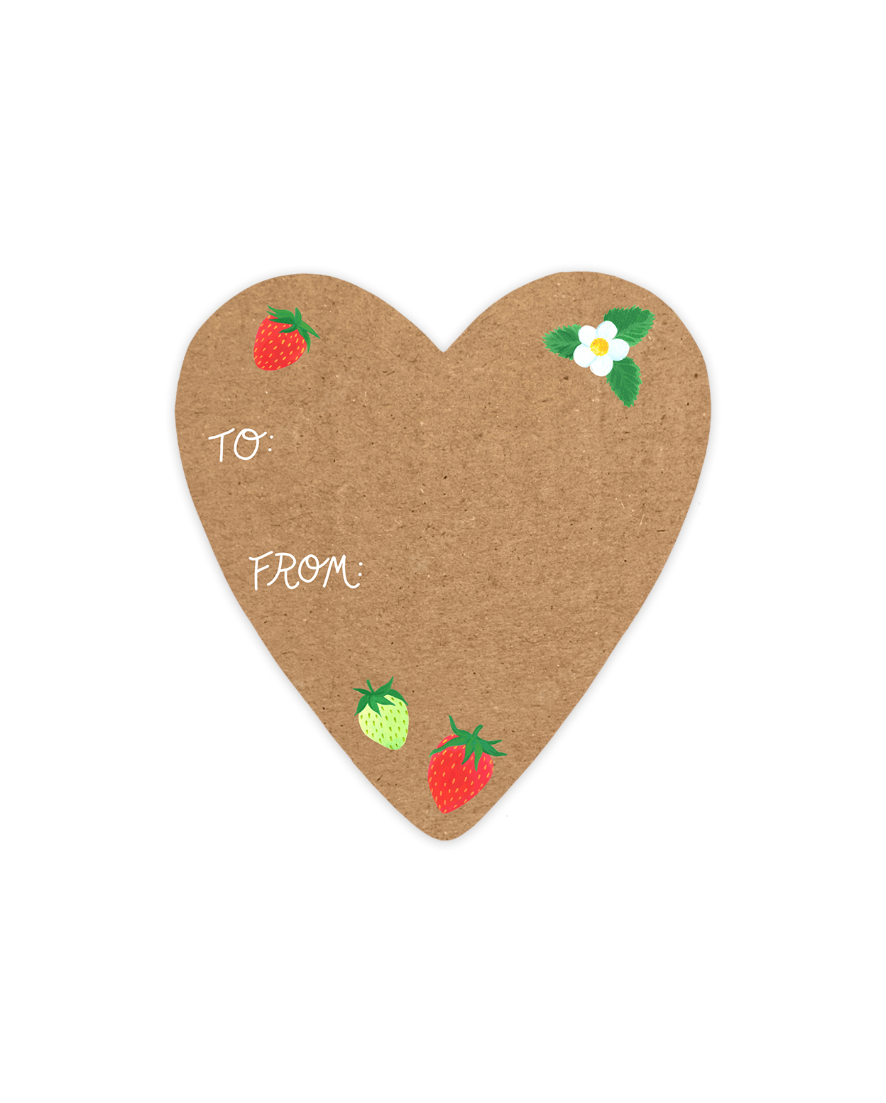 This Gift Sticker is heart-shaped with a red strawberry in the upper left hand corner, a green and red strawberry at the bottom, and a white flower with three leaves in the upper right corner, with the words &quot;To&quot; and &quot;From&quot; written in cursive in the center left. 