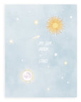 Blue sky with sun, moon, stars and text that reads "My Sun, Moon, + Stars." Shown on white background.