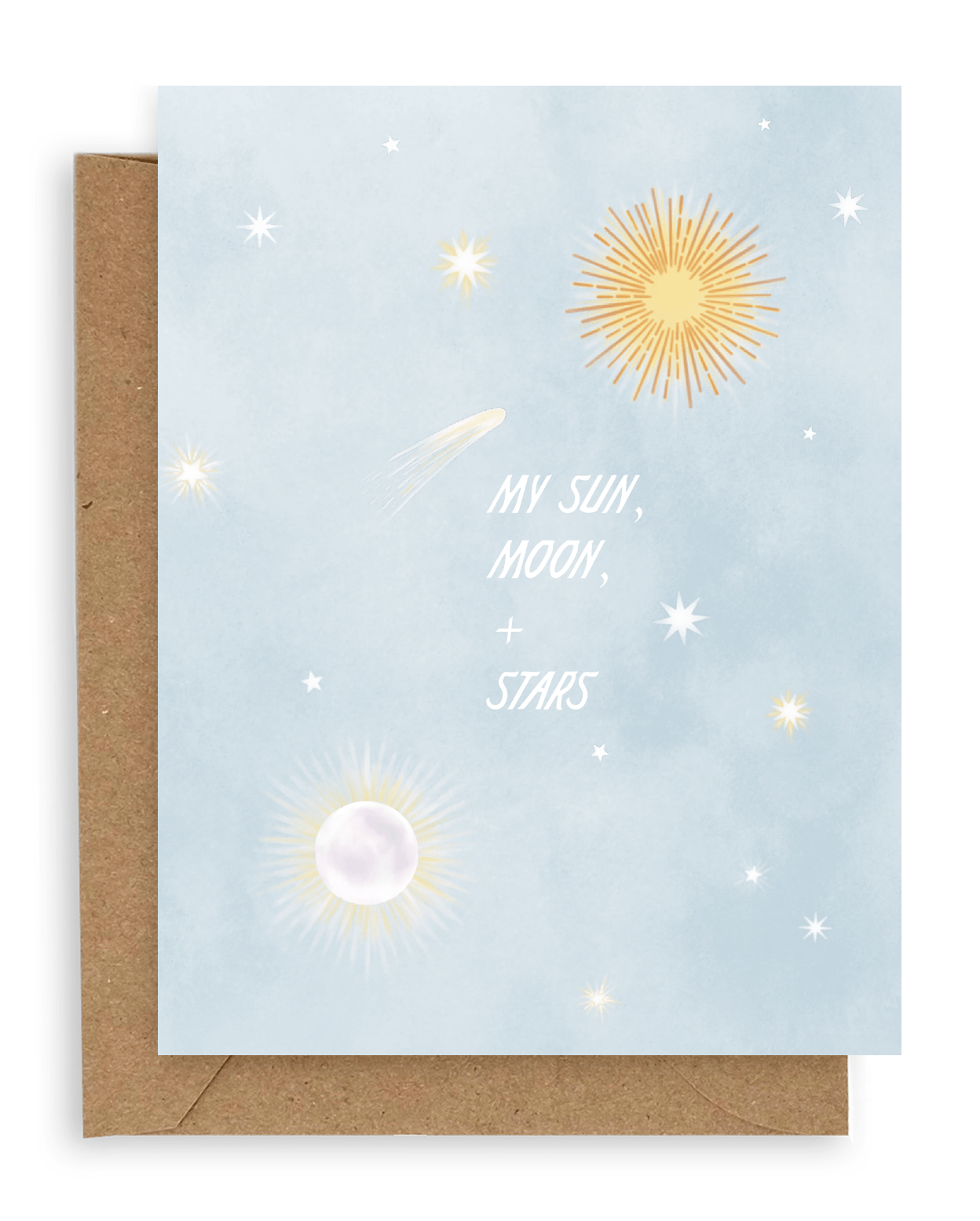 Blue sky with sun, moon, stars and text that reads "My Sun, Moon, + Stars." Shown with kraft envelope.