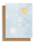 Blue sky with sun, moon, stars and text that reads "My Sun, Moon, + Stars." Shown with kraft envelope.