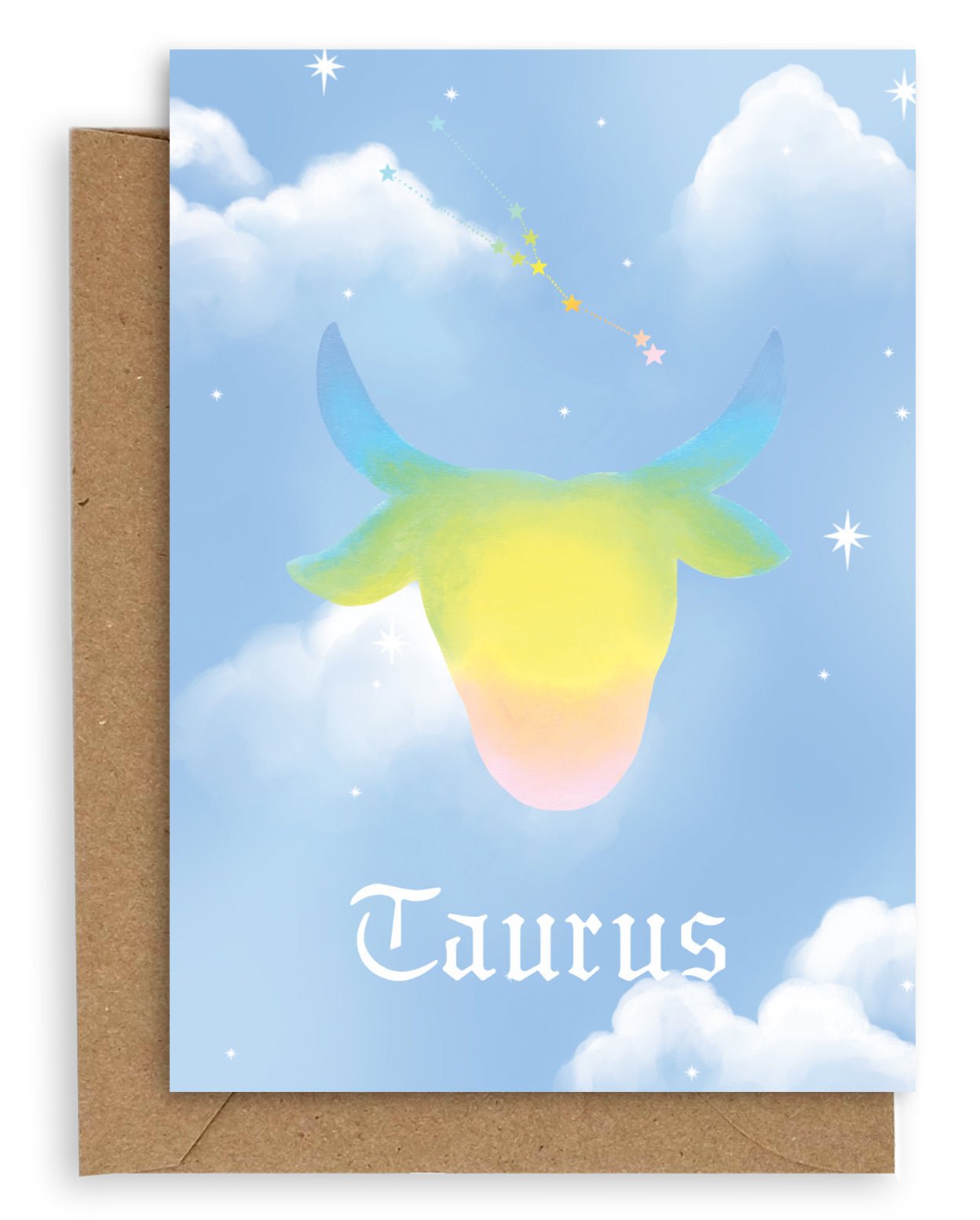 Taurus  Horoscope card with a kraft envelope. The horoscope symbol is painted in rainbow pastel on a blue background with white clouds. 
