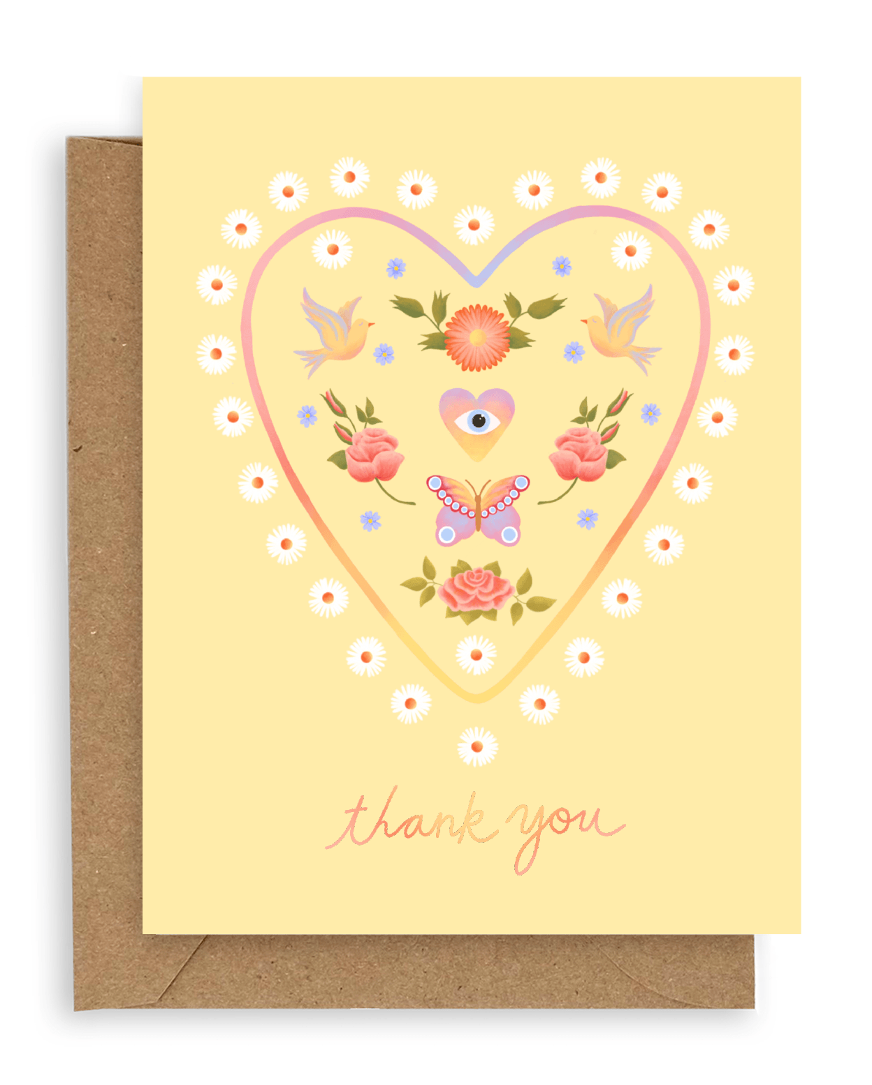 A heart filled with doves, flowers, and hearts with eyes printed on a custard colored background. Shown with kraft envelope.
