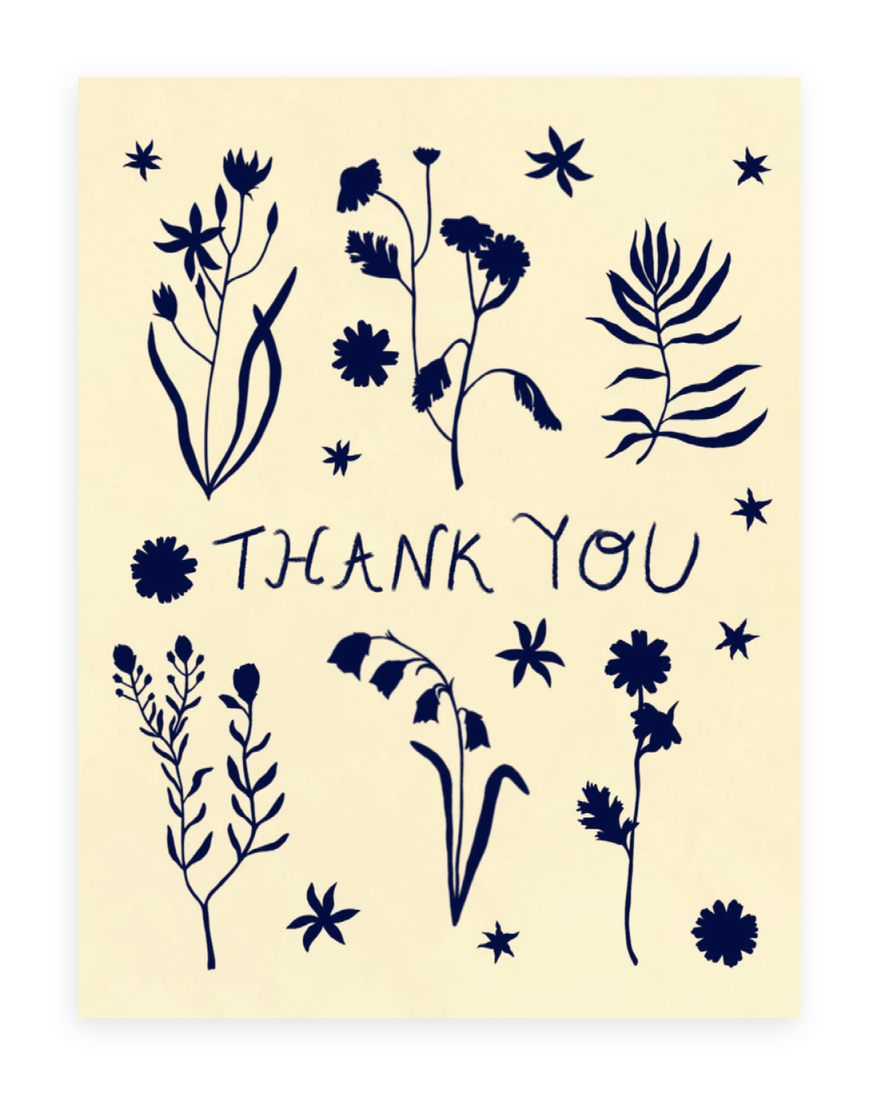 Our forest flowers design, with three stems above and three below vertically with the words &quot;Thank You&quot; in the middle all in Navy Blue. Printed on a cream colored background. 
