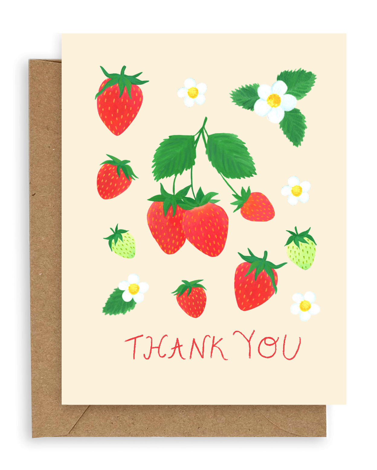 Red and green strawberries with white flowers arranged above the words &quot;thank you&quot; in red font printed on a cream background. Shown with kraft envelope.