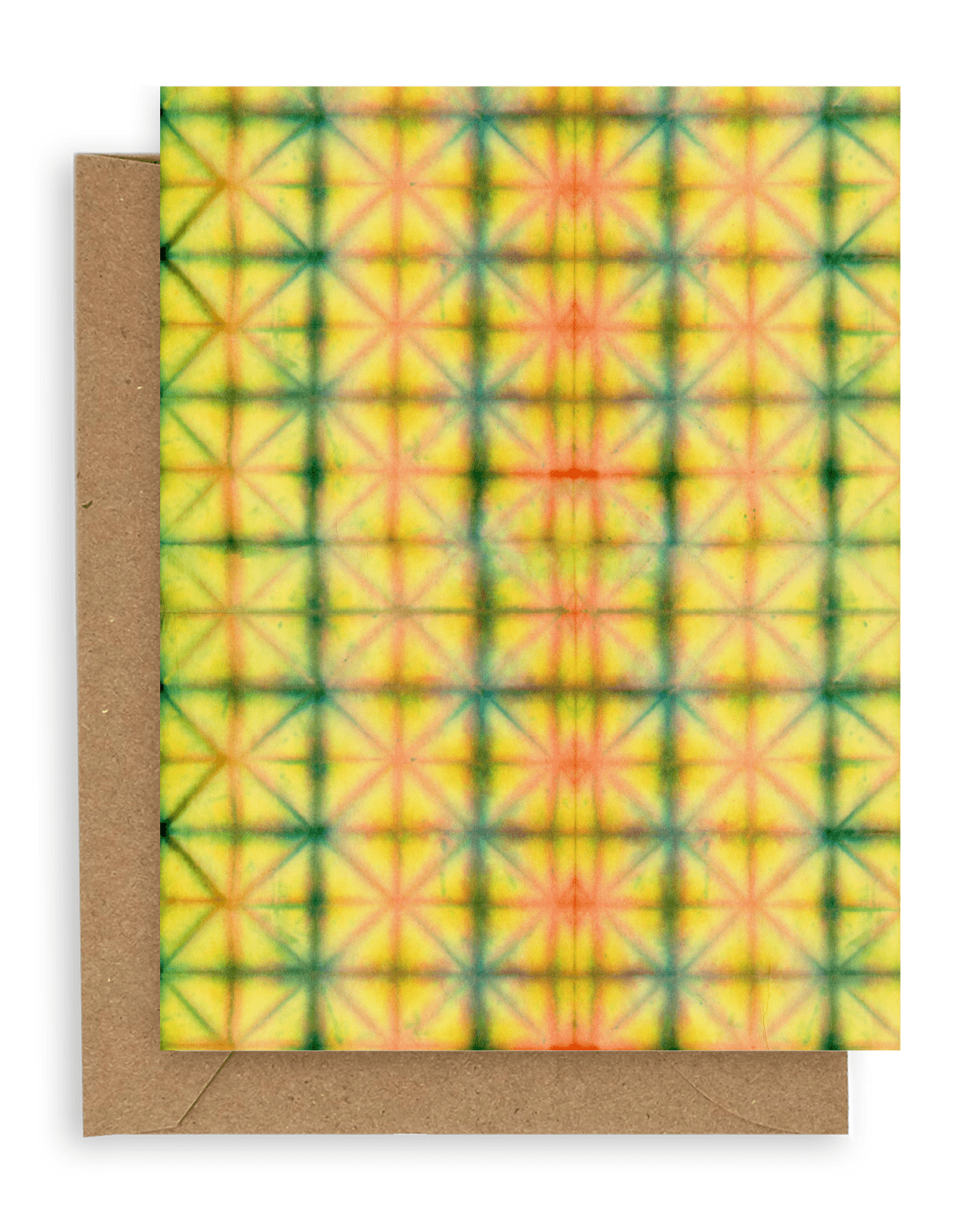 Red, green and yellow tie dye. Shown with kraft envelope.
