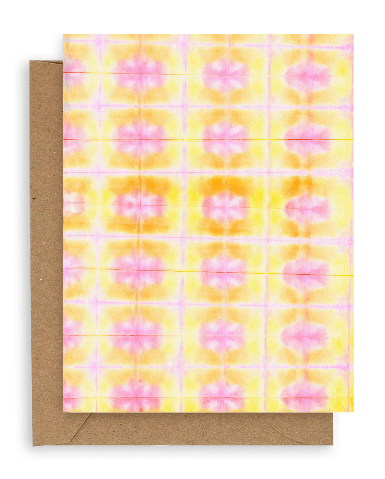 Pink, yellow, and orange tie dye. Shown with kraft envelope.