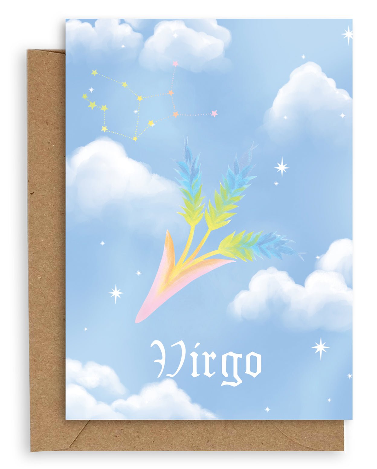 Virgo  Horoscope card with a kraft envelope. The horoscope symbol is painted in rainbow pastel on a blue background with white clouds.